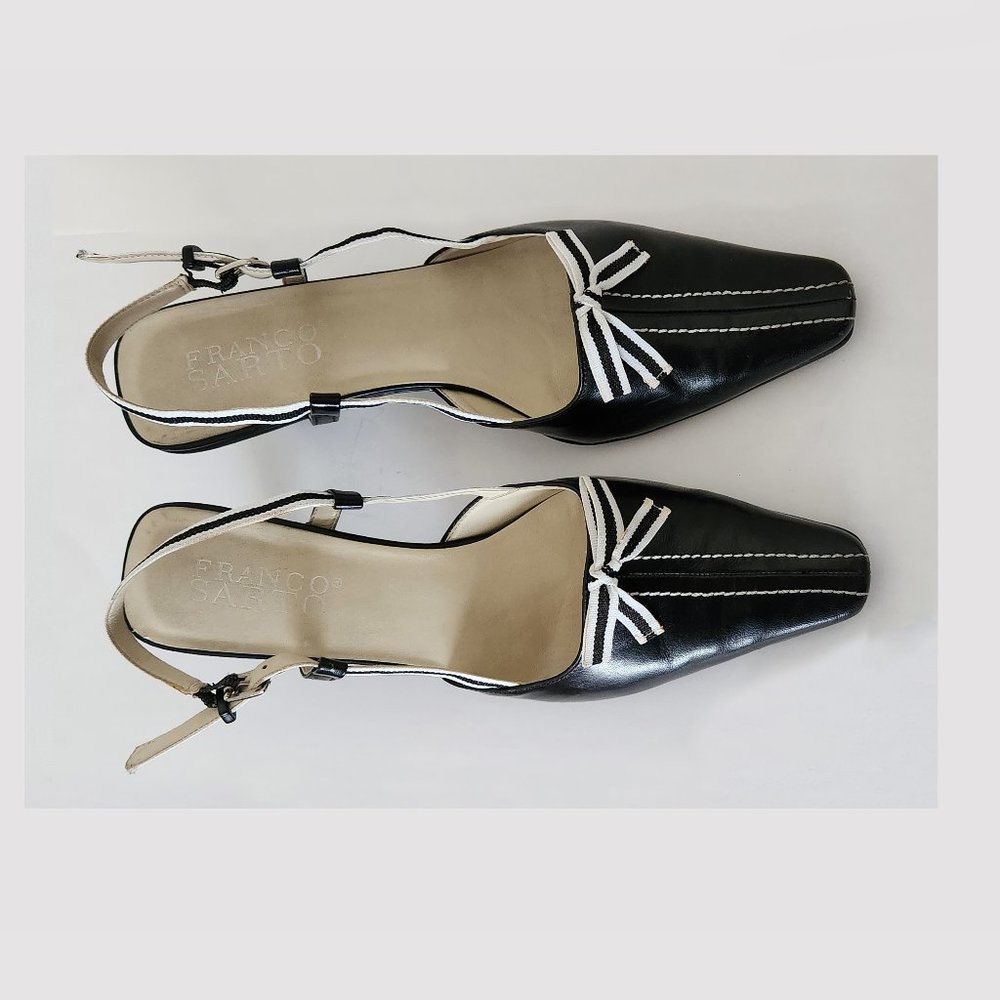 FRANCO SARTO Leather Black Sling Back Pump Heels with White Bow